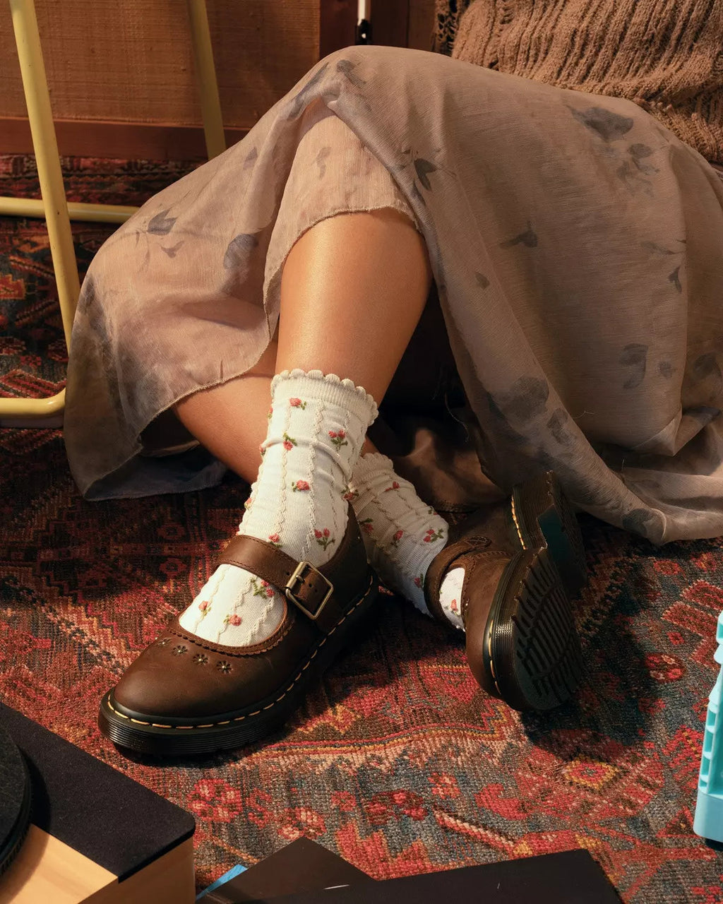 Mary Jane Flower Crazy Horse Leather Shoes